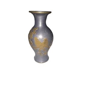 Vintage Pewter Vase Bird & Floral Brass Overlay Home Decor Bud Vase Minimalist